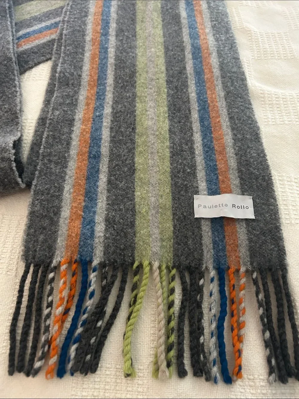 Paulette Rollo Striped long Wool muffler Scarf in Gray, Green & Blue